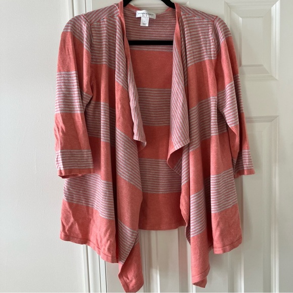 Christopher & Banks Sweaters - Christopher & Banks Striped Coral and Gray Women's Cardigan Sweater 1/2 Sleeve L
